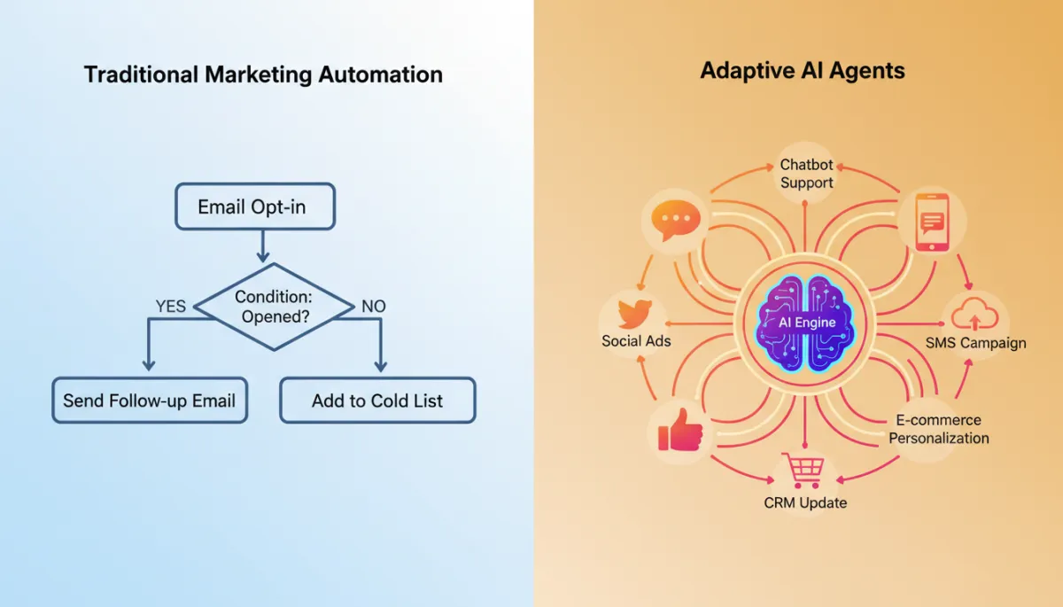A side-by-side comparison graphic showing traditional marketing automation (simple flowchart) vs. adaptive AI agents (dynamic, multi-channel workflow).