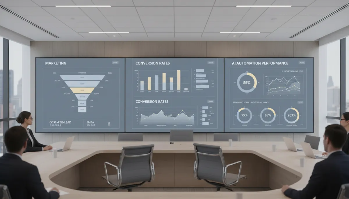 Analytics screens showing marketing funnel performance and conversion metrics