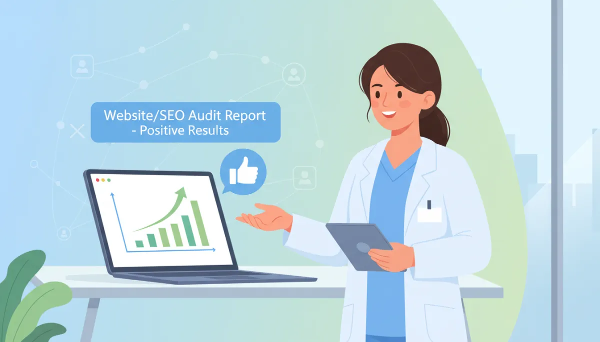 A friendly, reassuring illustration of a clinic staff member reviewing a positive report from a website/SEO audit, with a laptop showing upward growth charts. A friendly, reassuring illustration of a clinic staff member reviewing a positive report from a website/SEO audit, with a laptop showing upward growth charts.