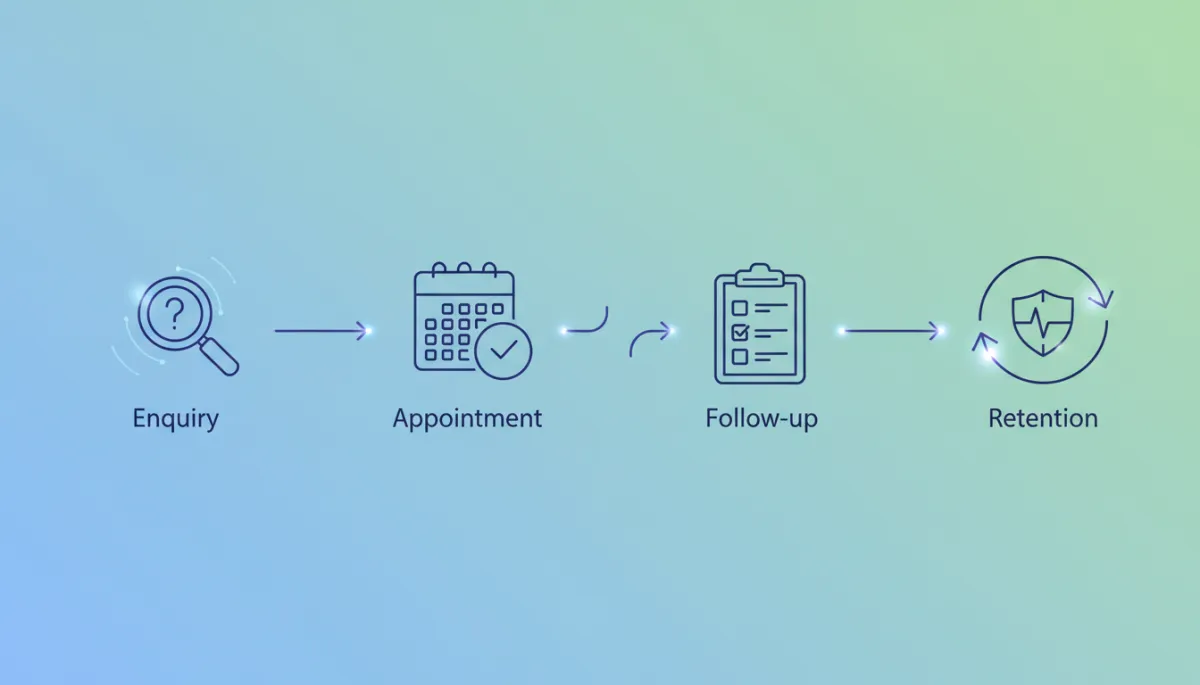A conceptual image depicting the patient journey in a healthcare CRM: from enquiry to appointment to follow-up and retention, using interconnected digital icons and a flow diagram. A conceptual image depicting the patient journey in a healthcare CRM: from enquiry to appointment to follow-up and retention, using interconnected digital icons and a flow diagram.