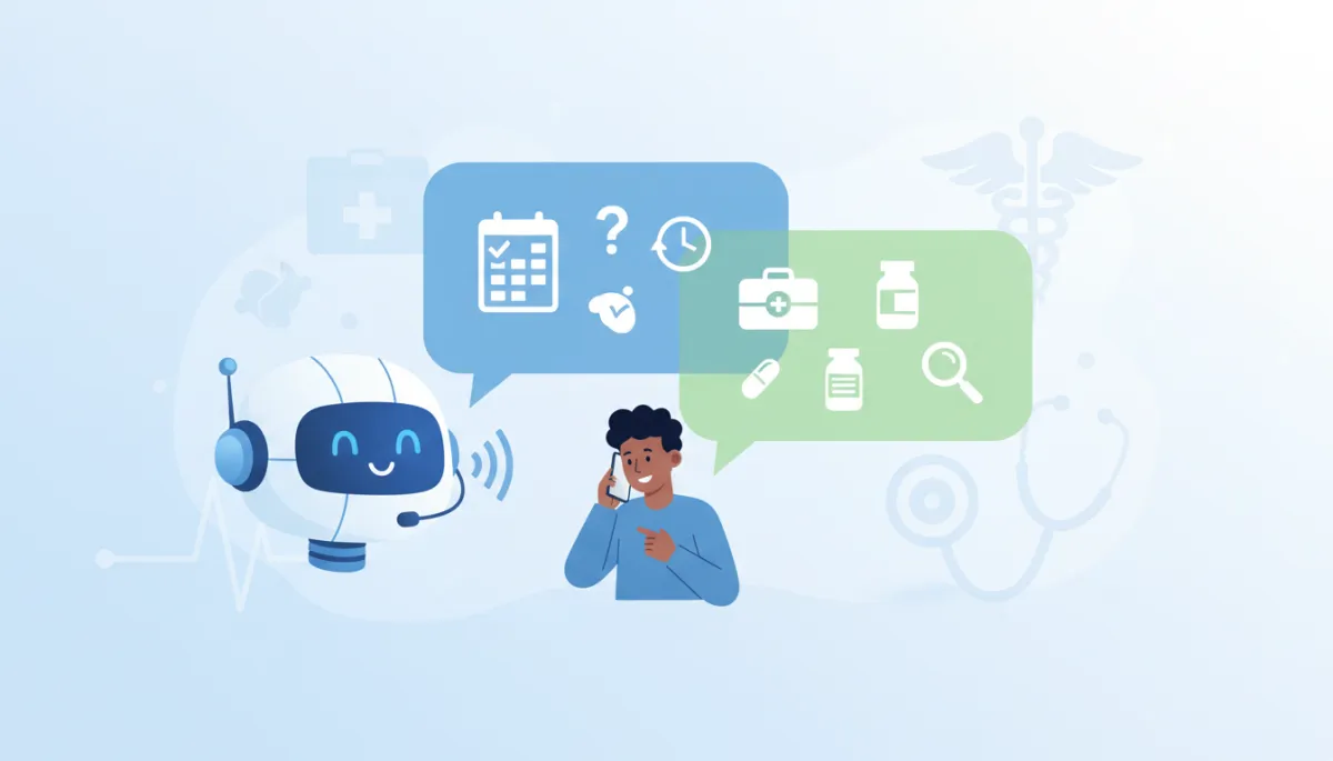 An illustration of an AI voice agent answering a patient's call in a clinic setting, with speech bubbles showing answers to common queries and appointment booking. An illustration of an AI voice agent answering a patient's call in a clinic setting, with speech bubbles showing answers to common queries and appointment booking.