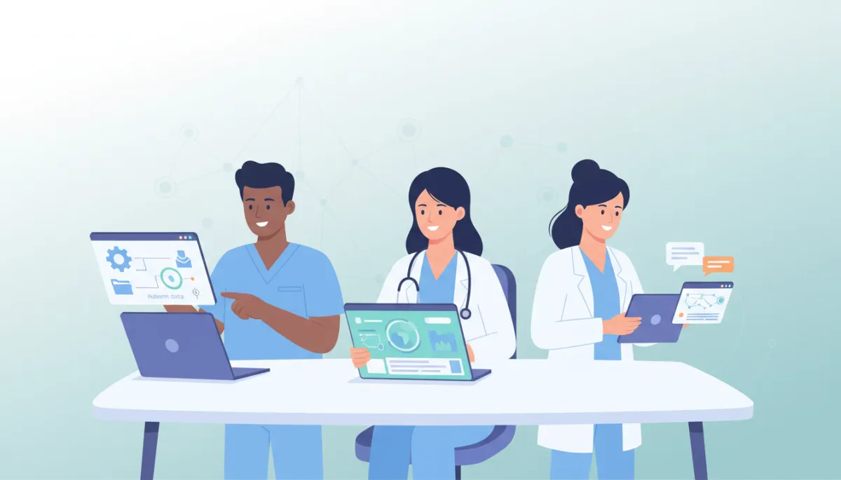 A modern illustration showing a healthcare clinic team using AI-powered CRM software on laptops and tablets, with icons representing automation, patient data, and communication. A modern illustration showing a healthcare clinic team using AI-powered CRM software on laptops and tablets, with icons representing automation, patient data, and communication.