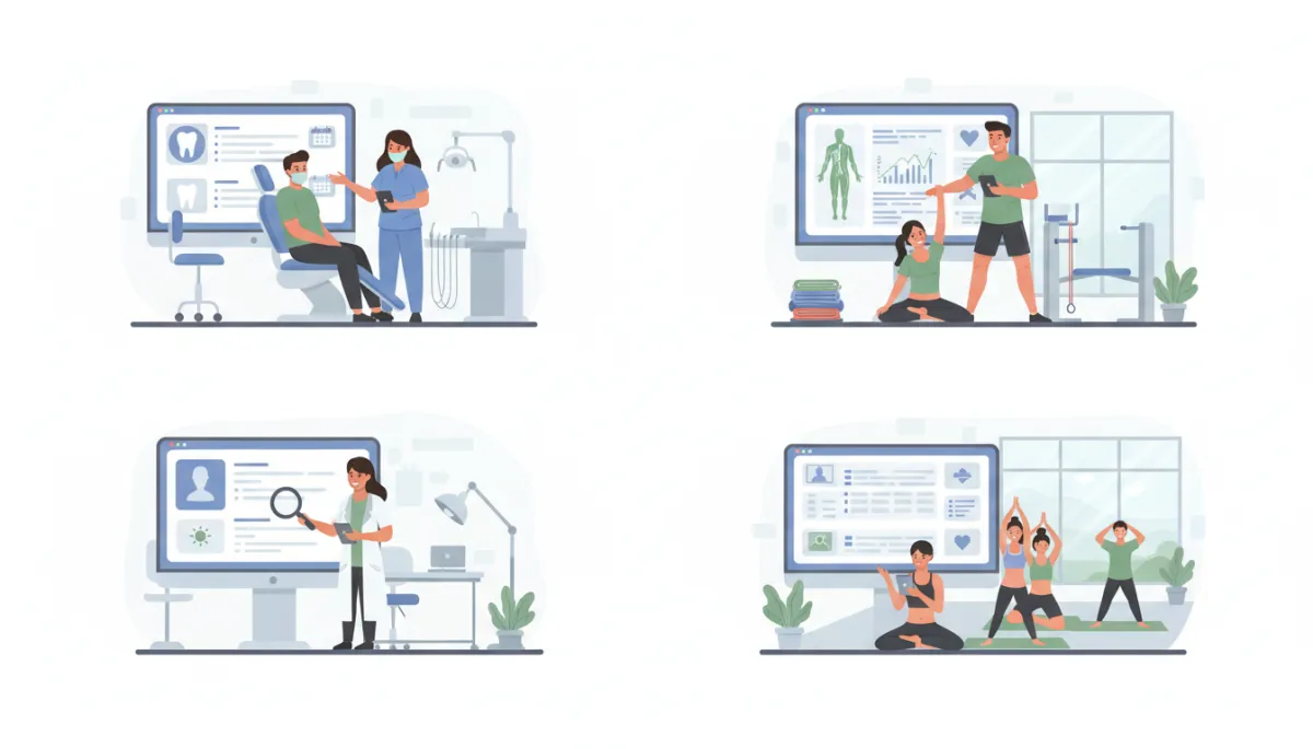 A split-screen image showing different clinic types (dental, physiotherapy, dermatology, wellness studio) each interacting with CRM software, highlighting tailored use cases. A split-screen image showing different clinic types (dental, physiotherapy, dermatology, wellness studio) each interacting with CRM software, highlighting tailored use cases.
