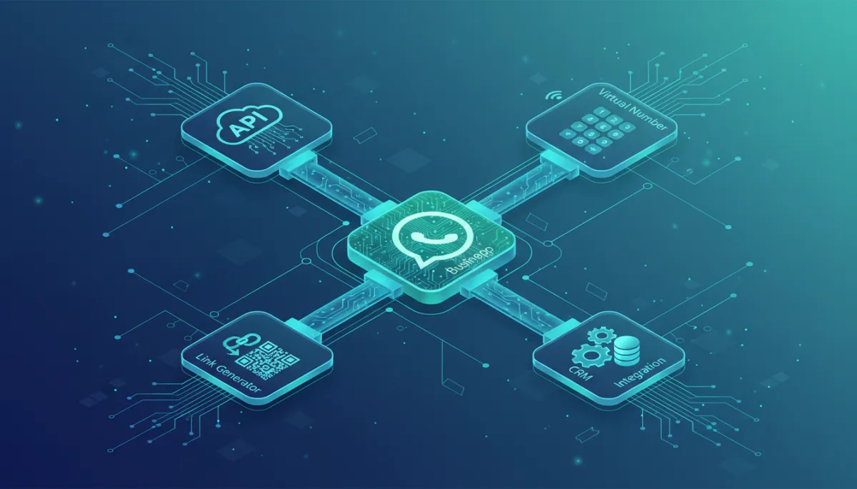Visual diagram of WhatsApp marketing tools: depicting WhatsApp Business API, link generator, virtual number, and CRM integration as interconnected modules. Sleek, tech-focused style.