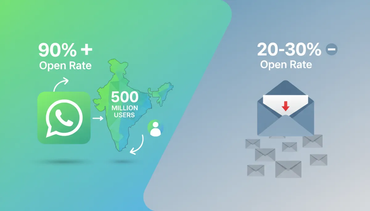 Infographic comparing WhatsApp and email: showing WhatsApp with a 90%+ open rate and India map with 500 million users, versus much lower open rates for email. Vibrant, easy to understand.