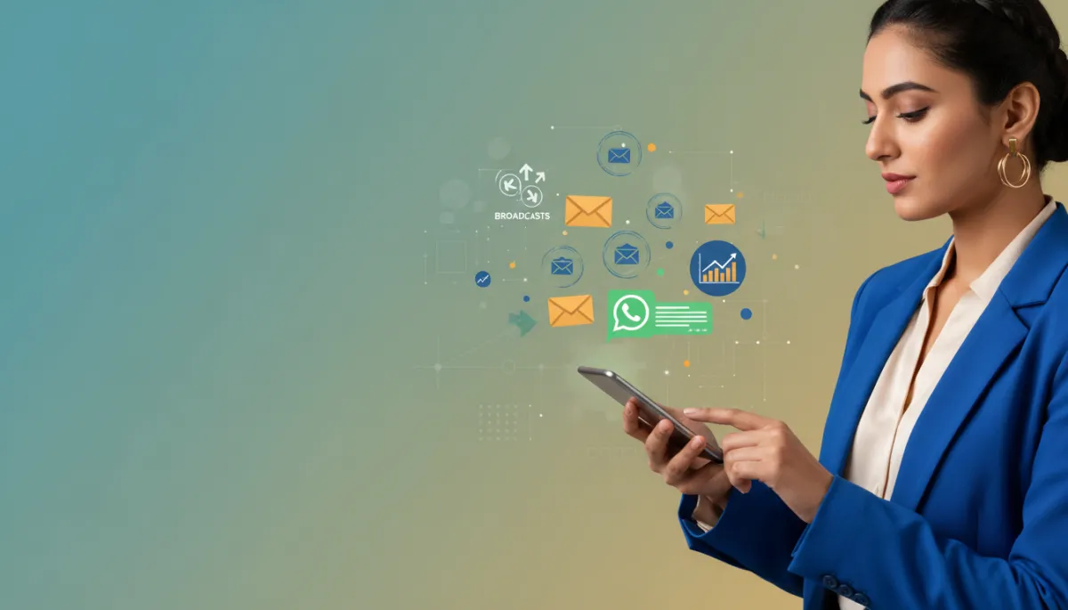 A businesswoman using WhatsApp on her smartphone, with digital icons representing message broadcasts and high open rates, illustrating WhatsApp marketing for business. Modern, Indian business context.