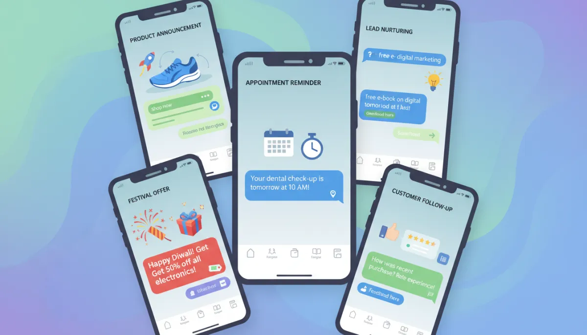 Collage of WhatsApp marketing use cases: product announcement, appointment reminder, festival offer, lead nurturing, and customer follow-up, each represented with WhatsApp chat bubbles on a phone screen.