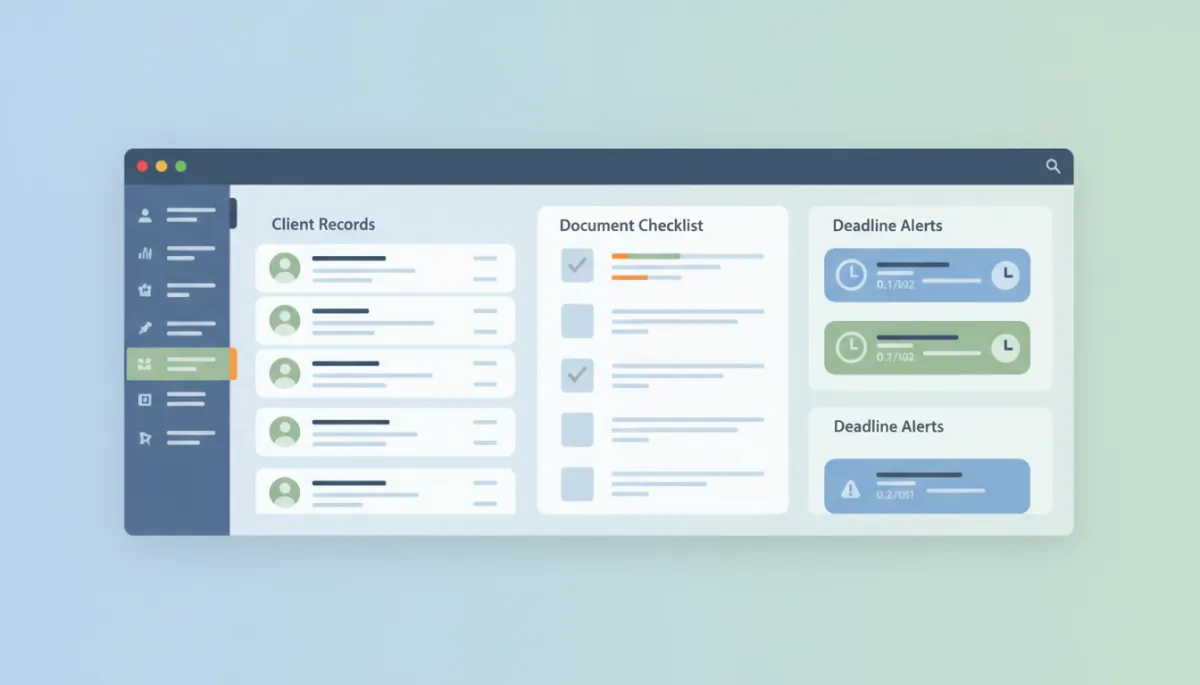 A modern dashboard interface of immigration CRM software showing client records, document checklists, and deadline alerts
