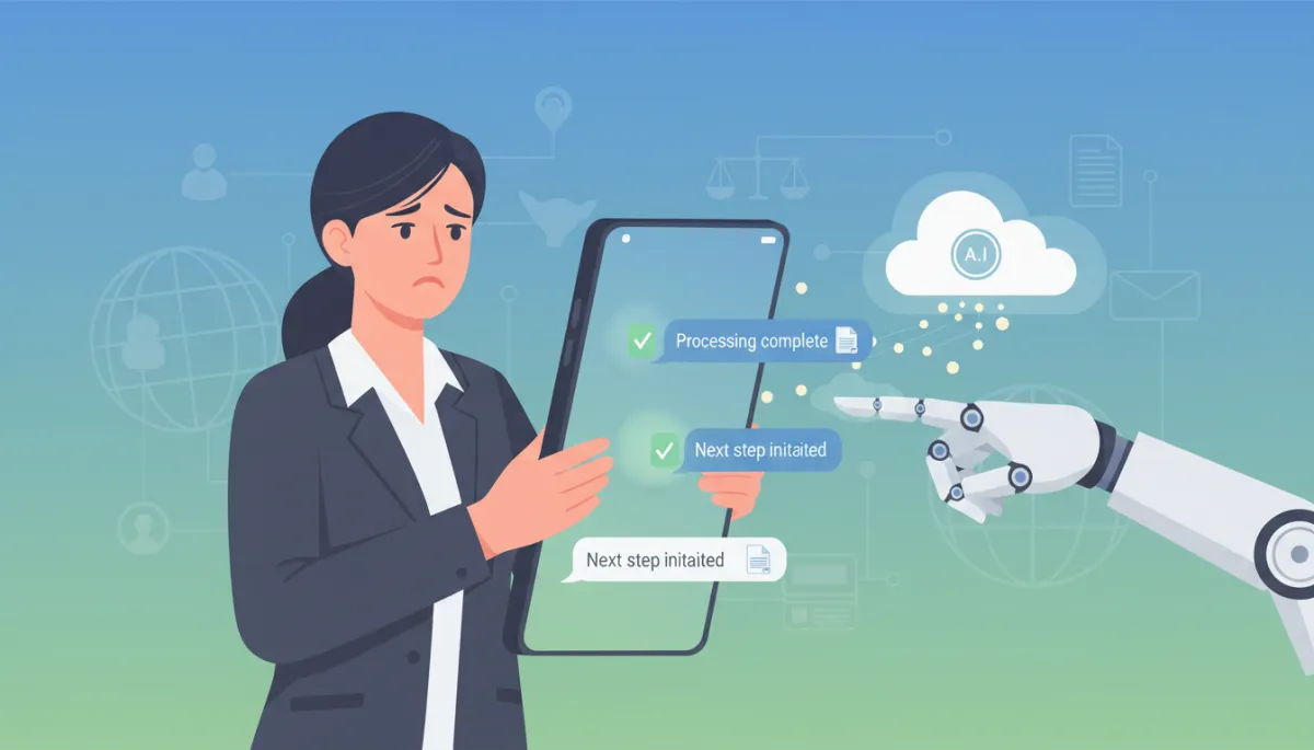 An illustration showing an anxious client receiving automated WhatsApp updates from an immigration consultancy