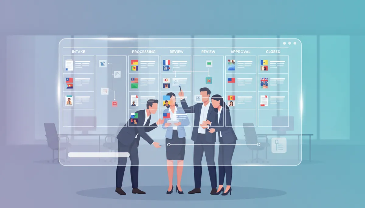 A group of consultants collaborating around a digital case pipeline board, representing teamwork and efficiency in immigration case management