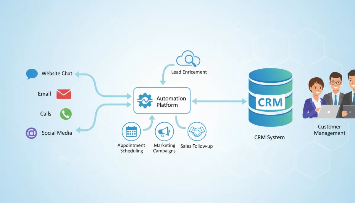 A visual flowchart showing automated lead enquiry management from multiple channels into a CRM system