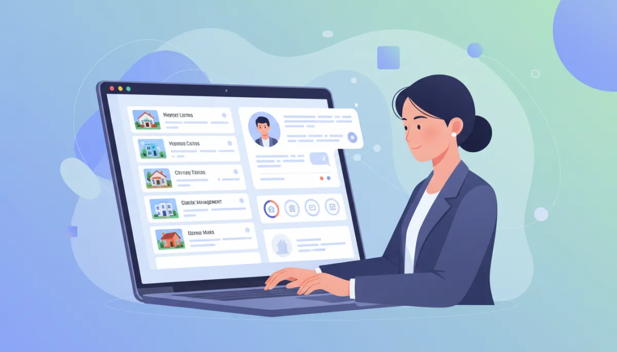 A modern illustration showing a real estate agent using an AI-powered CRM dashboard on a laptop, with property listings and chatbot icons visible, representing technology in real estate