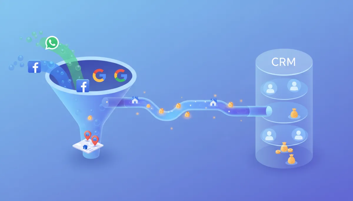 A conceptual image of multiple digital channels (WhatsApp, Facebook, Google, property portals) funneling leads into a single CRM pipeline, visualizing automatic lead capture in real estate