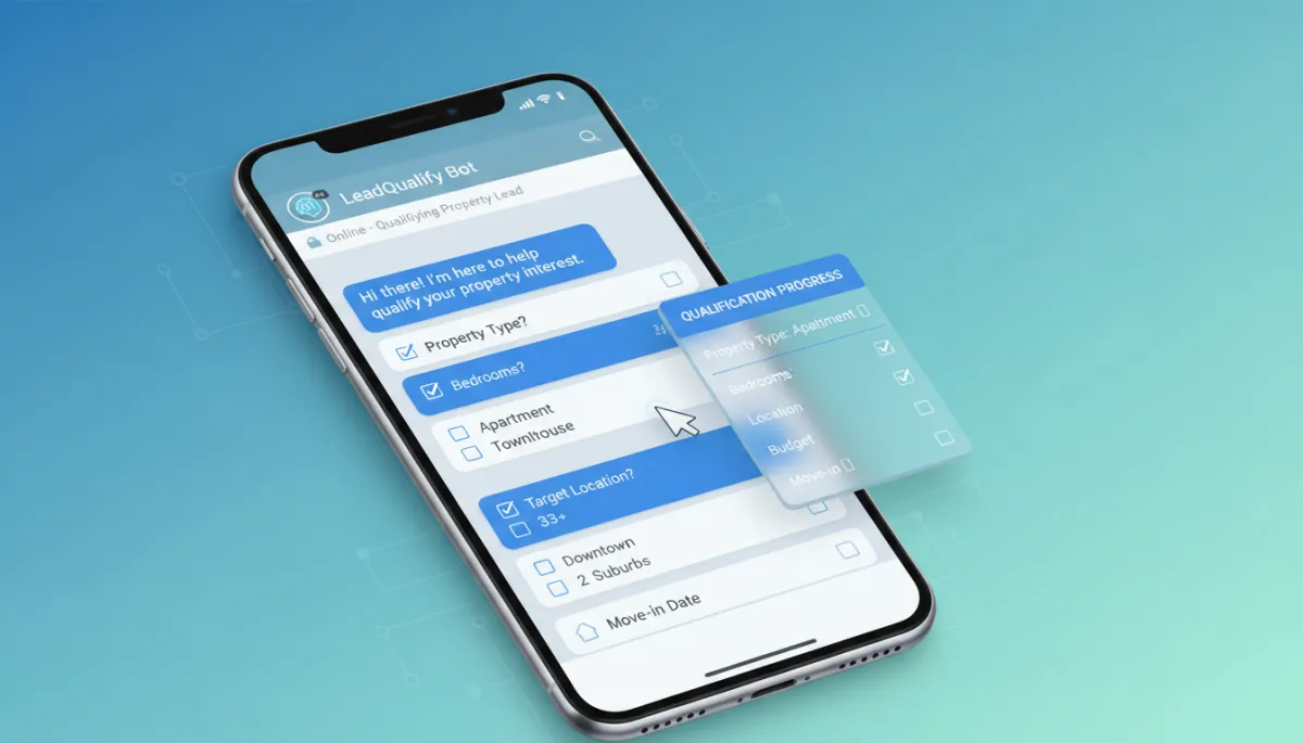 A graphic of an AI chatbot on a smartphone screen qualifying a property lead via WhatsApp, with checklists and chat bubbles showing questions and answers