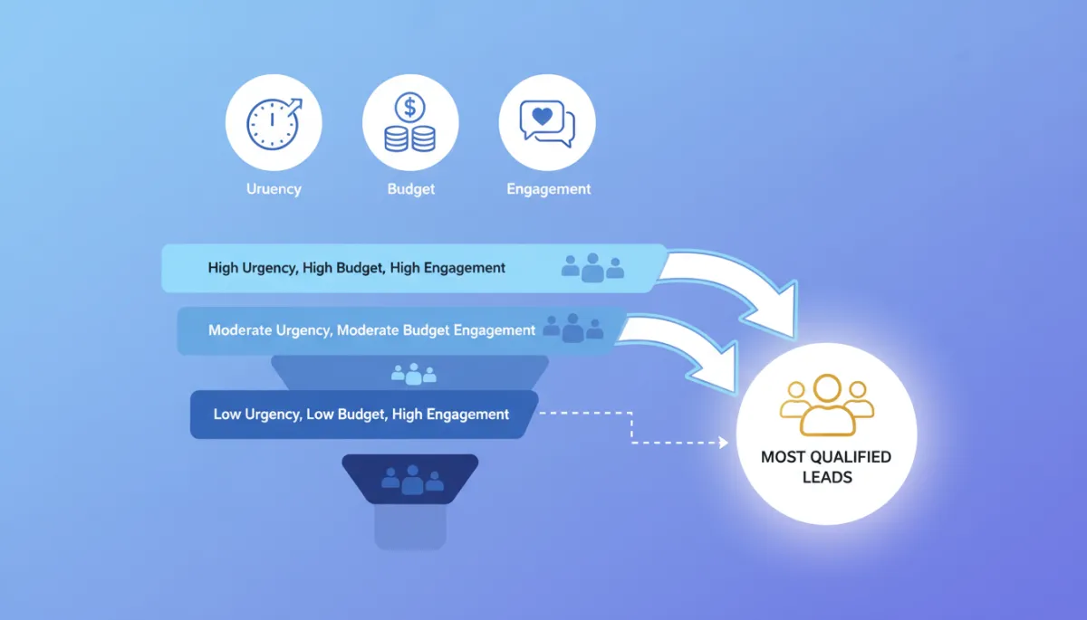 A clean infographic-style image showing the lead prioritization process: leads ranked by urgency, budget, and engagement, with icons for each criteria and arrows highlighting the most qualified leads