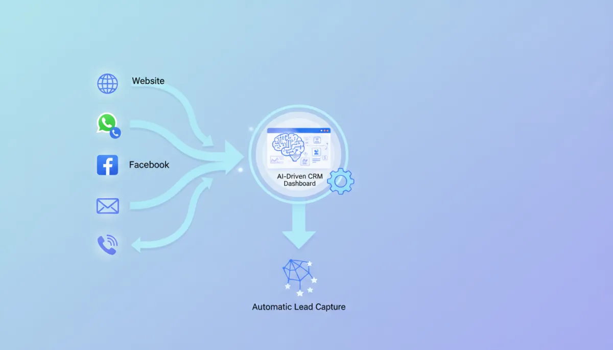 A flowchart visualizing CRM automation: icons representing a website, WhatsApp, Facebook, email, and phone all feeding into an AI-driven CRM dashboard, emphasizing automatic lead capture.