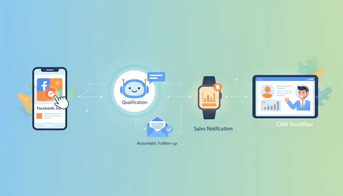 A step-by-step visual of an Indian SME's lead journey: from Facebook ad click to AI qualification chatbot, to automatic follow-up, to sales notification, representing the CRM workflow.