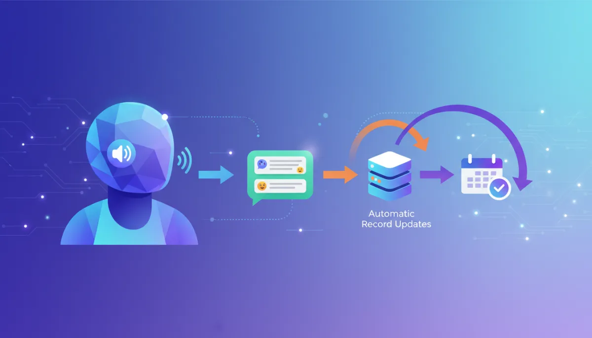 A modern AI agent avatar making a voice call and sending personalized WhatsApp messages, with process arrows showing automatic record updates and appointment scheduling.