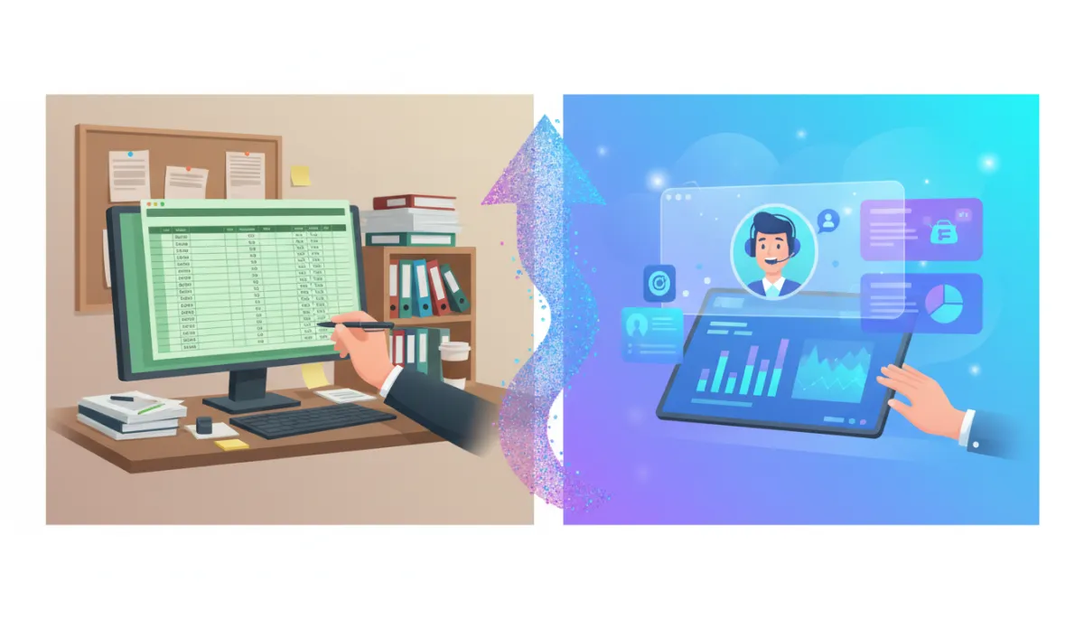 A split-screen illustration showing a traditional CRM (with manual data entry and spreadsheets) on one side and an AI-first CRM (with automated processes, chatbots, and real-time analytics) on the other, highlighting the difference.