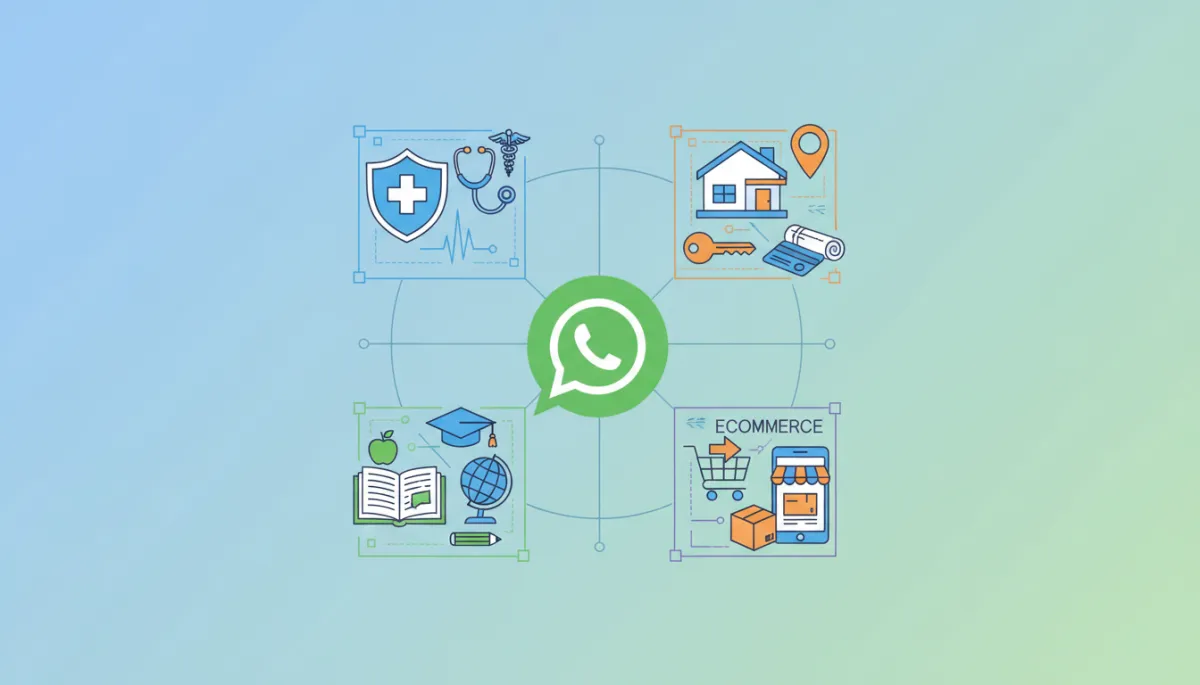 An industry use case collage: healthcare, real estate, education, and ecommerce icons connected to a central WhatsApp logo, showing diverse Indian business applications.