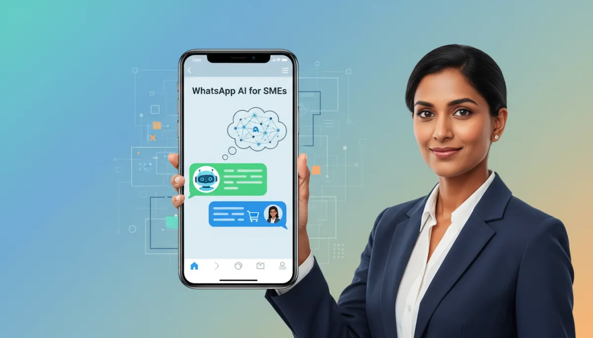 A modern illustration showing a businessperson chatting on WhatsApp with an AI chatbot, representing WhatsApp AI automation for SMEs in India.
