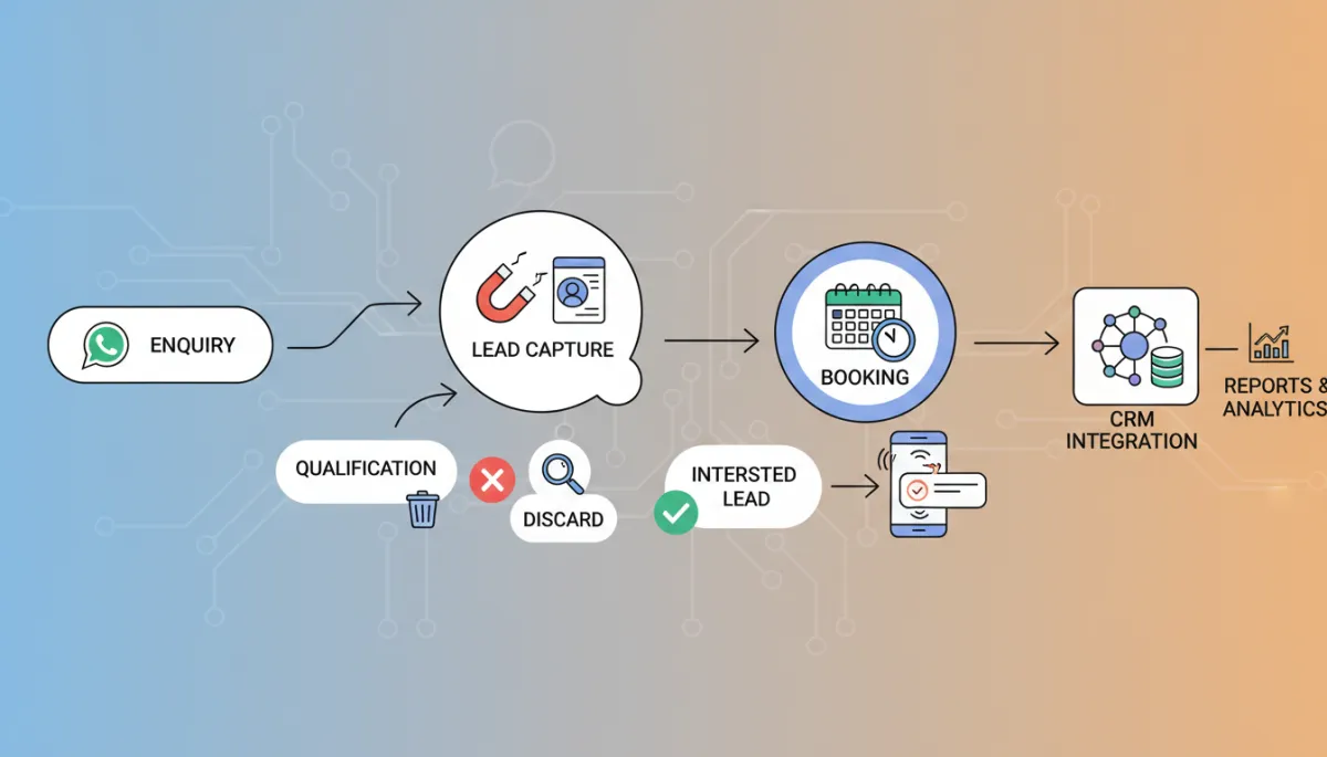 A visual flowchart of a WhatsApp AI chatbot qualifying a lead and booking an appointment for an Indian SME, showing steps like enquiry, lead capture, booking, and CRM integration.
