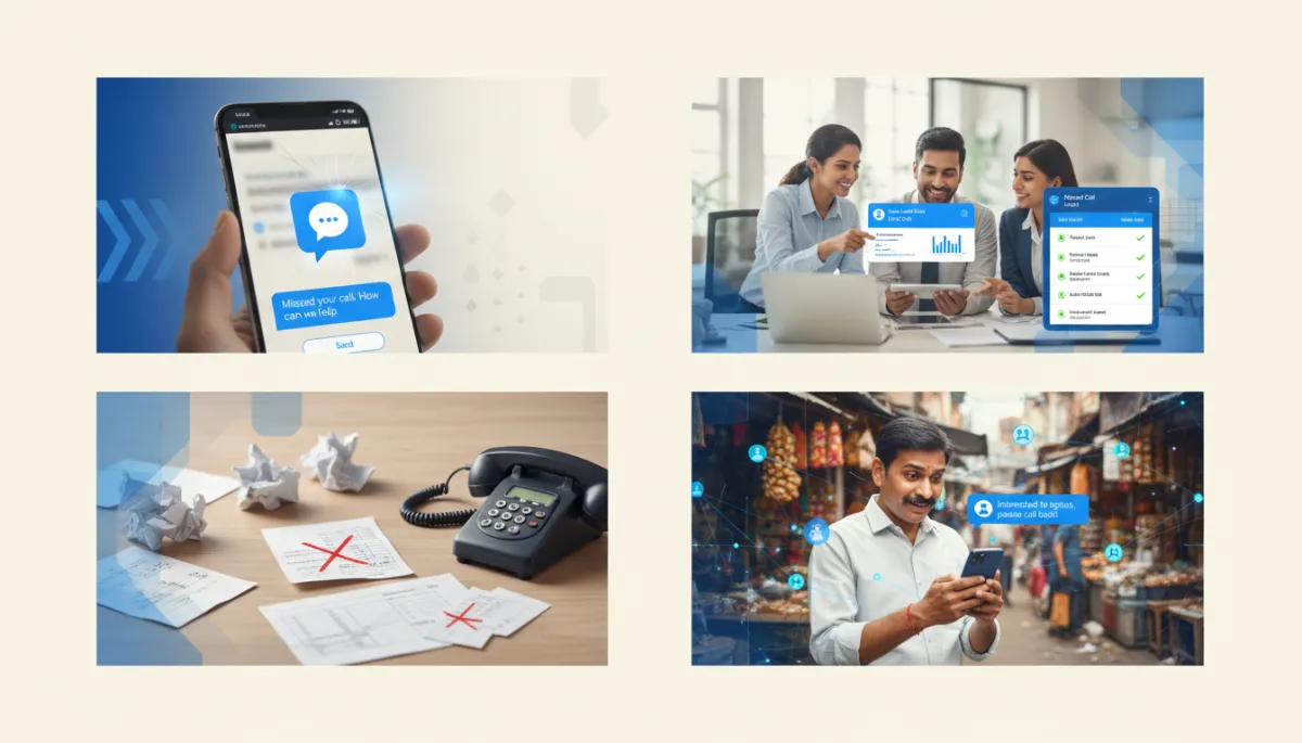 add 4 suitable images [Brand guidelines: use brand color palette #fefdf8, #1840ff, #333333]. Context: This is for a blog post about "Missed Call Text Back: How Indian SMEs Stop Losing Leads the Moment the Phone Goes Unanswered". Style: Professional quality, photorealistic, high resolution