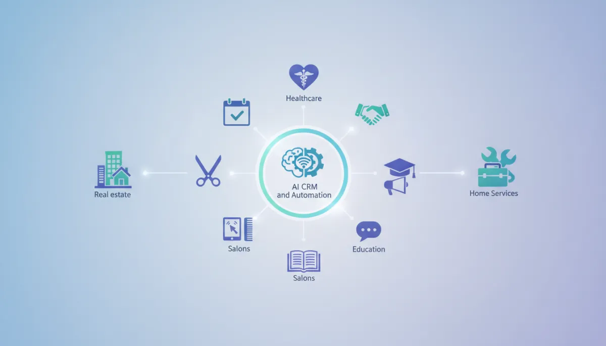Illustration of diverse small and medium businesses like real estate, healthcare, salons, education, and home services connected through AI CRM and automation icons Illustration of diverse small and medium businesses like real estate, healthcare, salons, education, and home services connected through AI CRM and automation icons