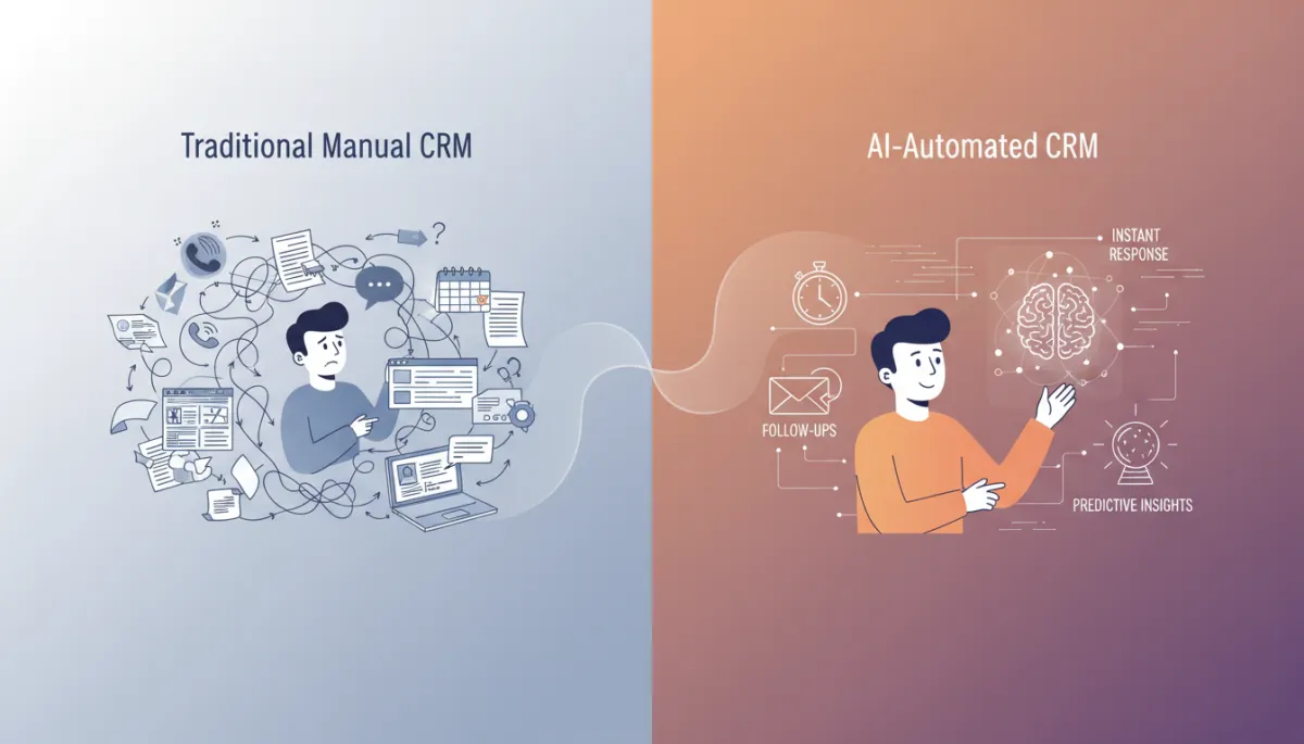 Side-by-side comparison graphic showing traditional manual CRM workflows versus AI-automated CRM with instant responses, follow-ups, and predictive insights Side-by-side comparison graphic showing traditional manual CRM workflows versus AI-automated CRM with instant responses, follow-ups, and predictive insights