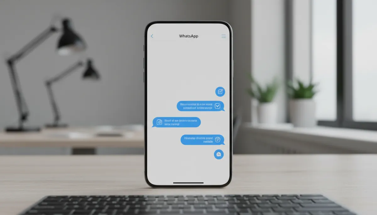 photorealistic close-up of a smartphone on a desk showing an automated WhatsApp conversation flow with branded chat bubbles in Vivid Blue #1840ff on a Soft White #fefdf8 background, a Charcoal #333333 laptop keyboard partially visible, subtle office environment