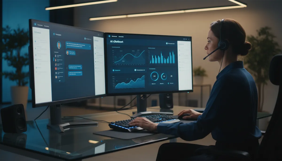 photorealistic scene of a customer support manager monitoring a WhatsApp live chat and AI chatbot dashboard on dual monitors, charts and conversation lists highlighted in Vivid Blue #1840ff over Charcoal #333333 UI with Soft White #fefdf8 panels, modern office lighting