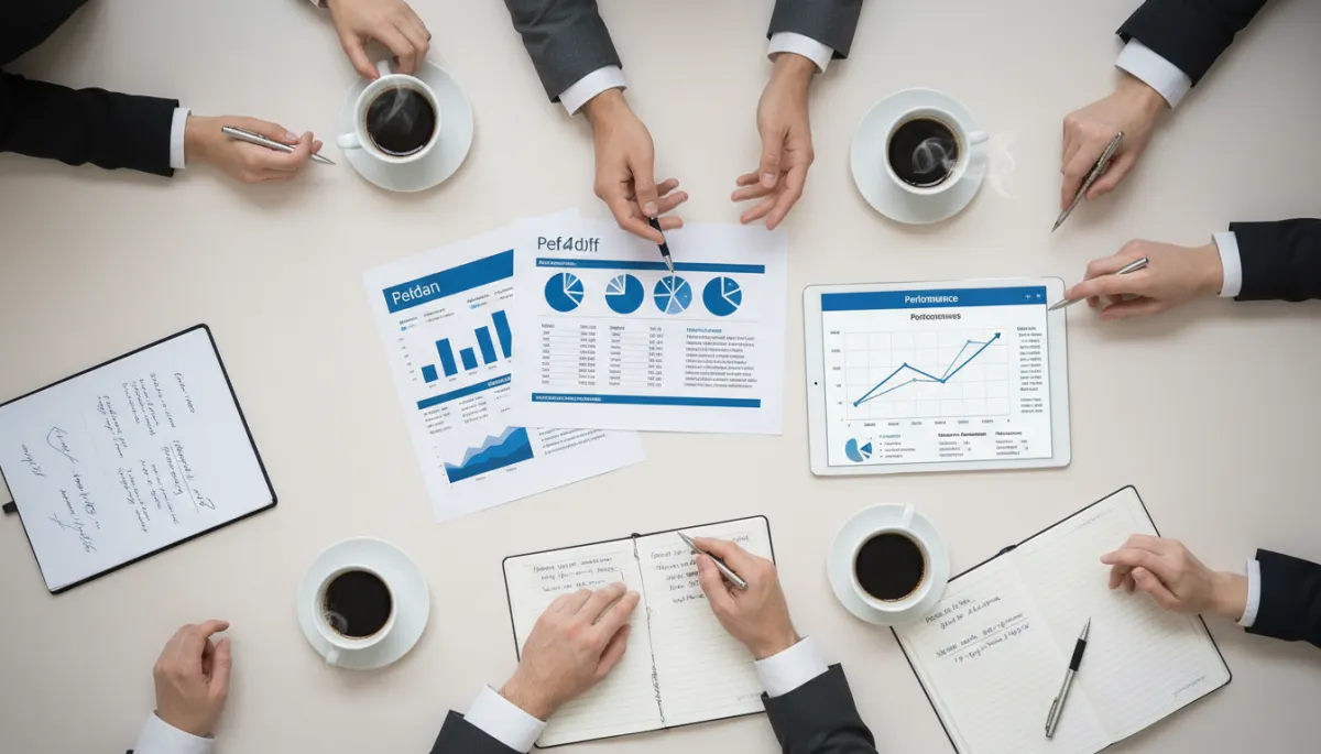 photorealistic overhead view of a meeting table where an SME leadership team is reviewing printed reports and a tablet showing WhatsApp chatbot performance graphs in Vivid Blue #1840ff on Soft White #fefdf8 with Charcoal #333333 text, coffee cups and notebooks scattered around