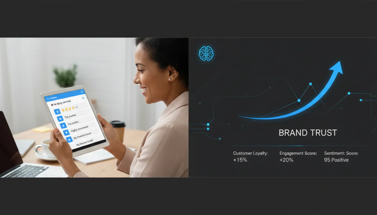 Small business owner reviewing positive customer feedback and AI trust metrics