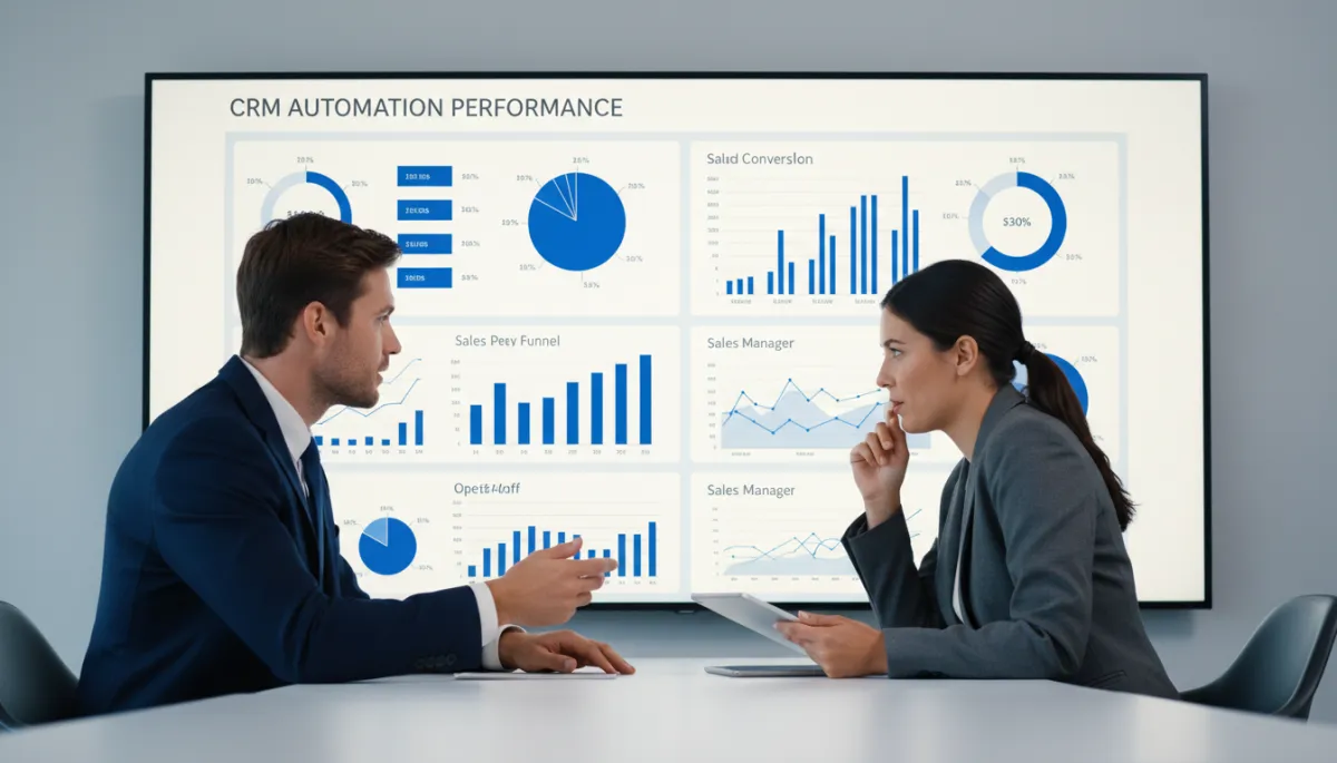 Operations and sales leaders reviewing CRM automation performance dashboards