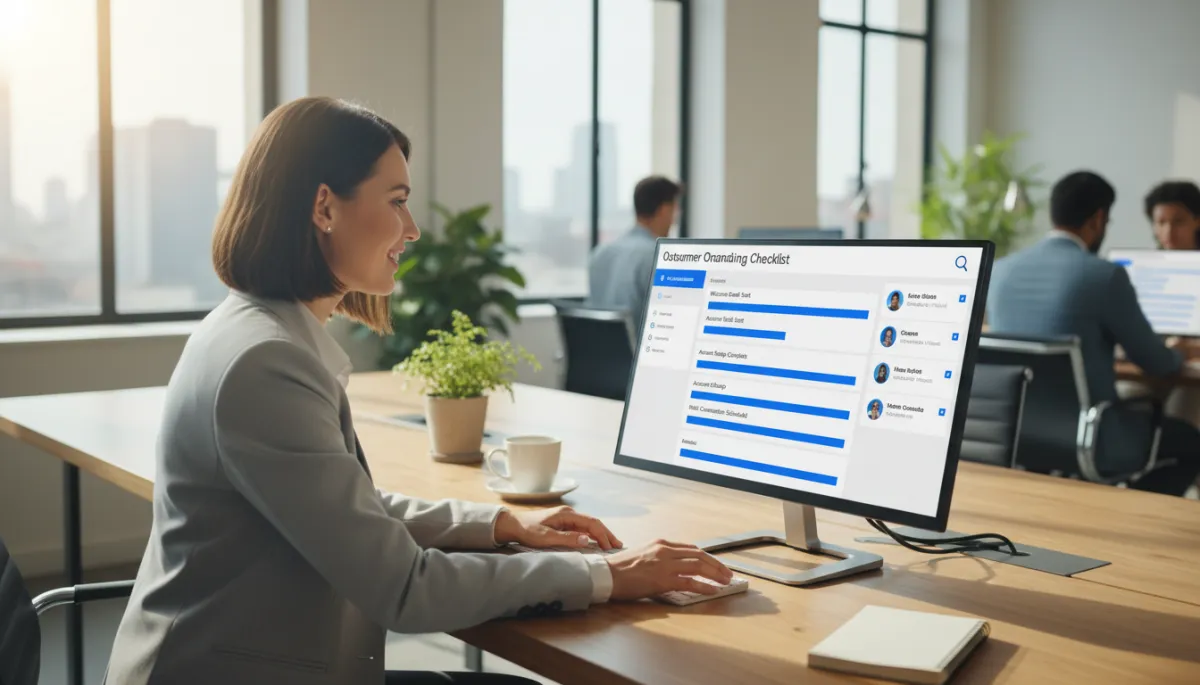 Business owner reviewing automated customer onboarding workflow in CRM