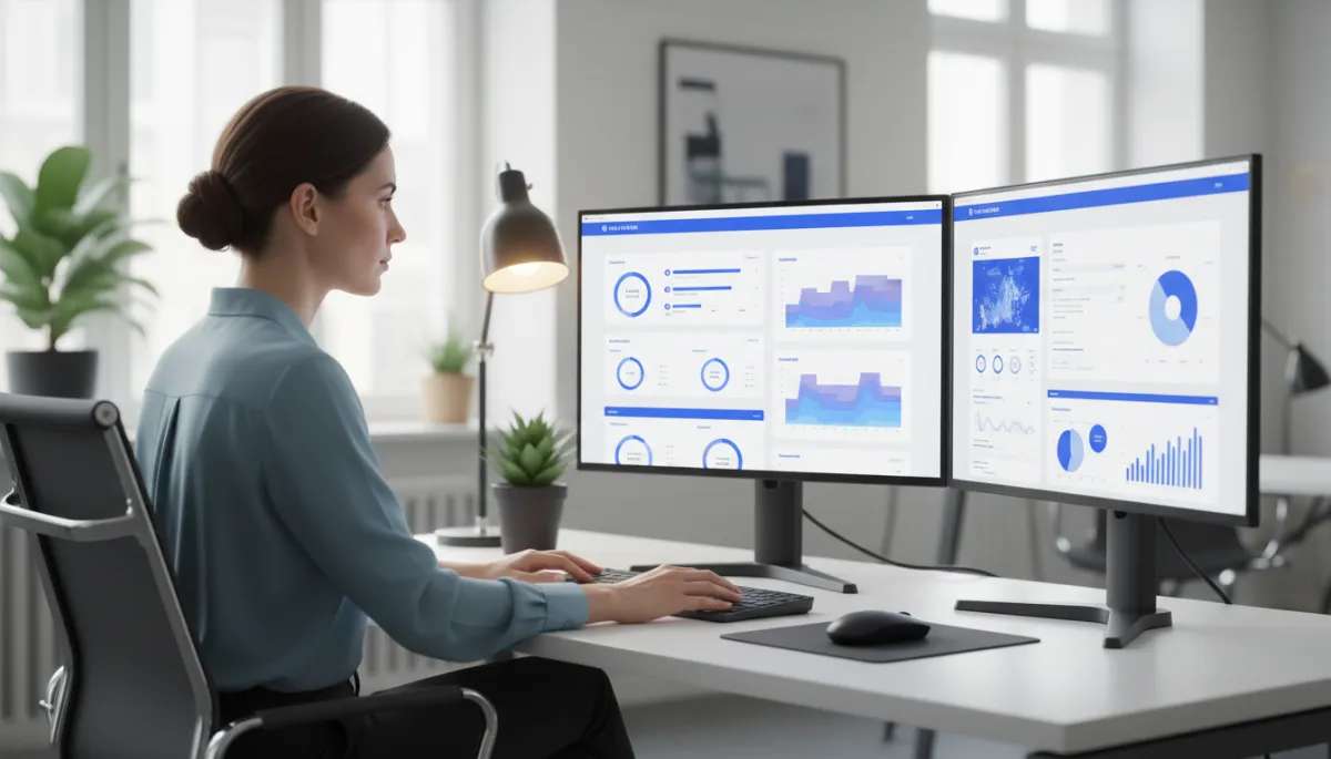 Marketing manager reviewing website analytics and heatmaps on screens