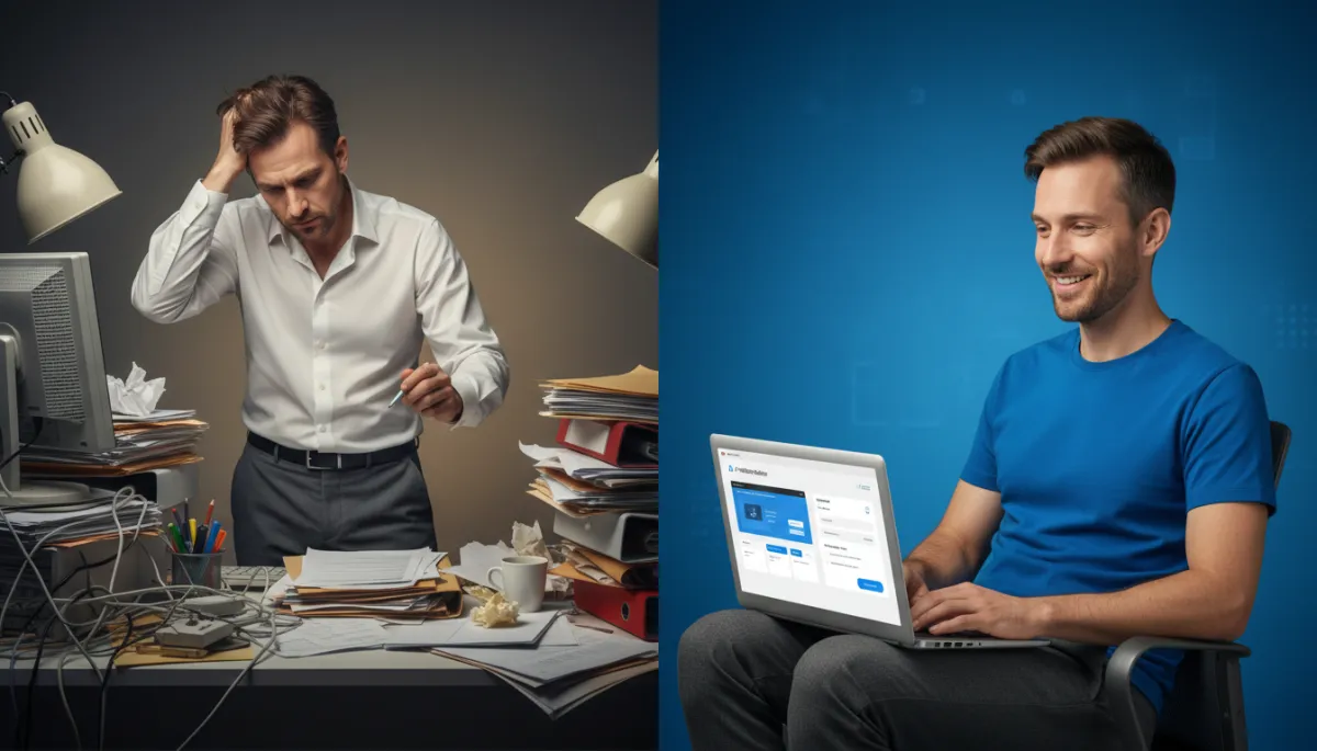 Entrepreneur comparing traditional web development with AI website builder on a laptop