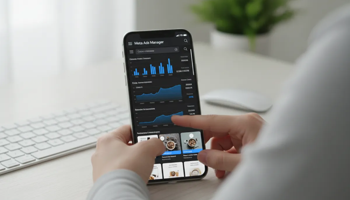 Marketing manager reviewing Facebook and Instagram ad performance on smartphone