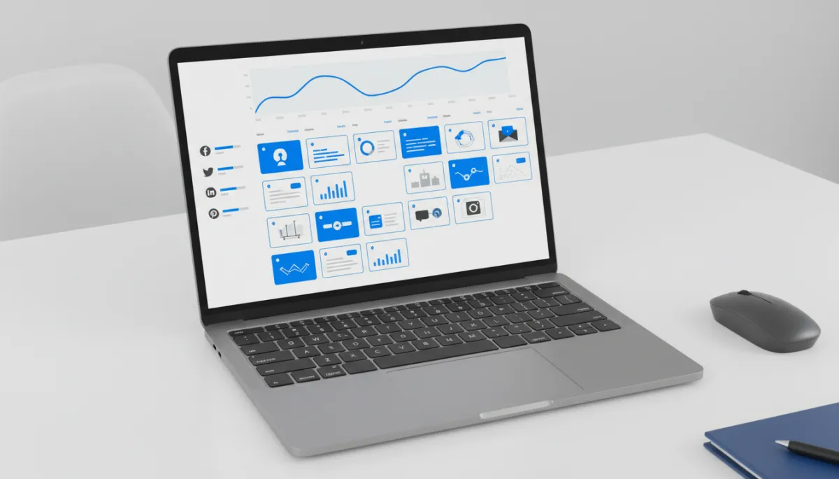 Laptop screen showing AI-powered social media content calendar in Nexurate colors