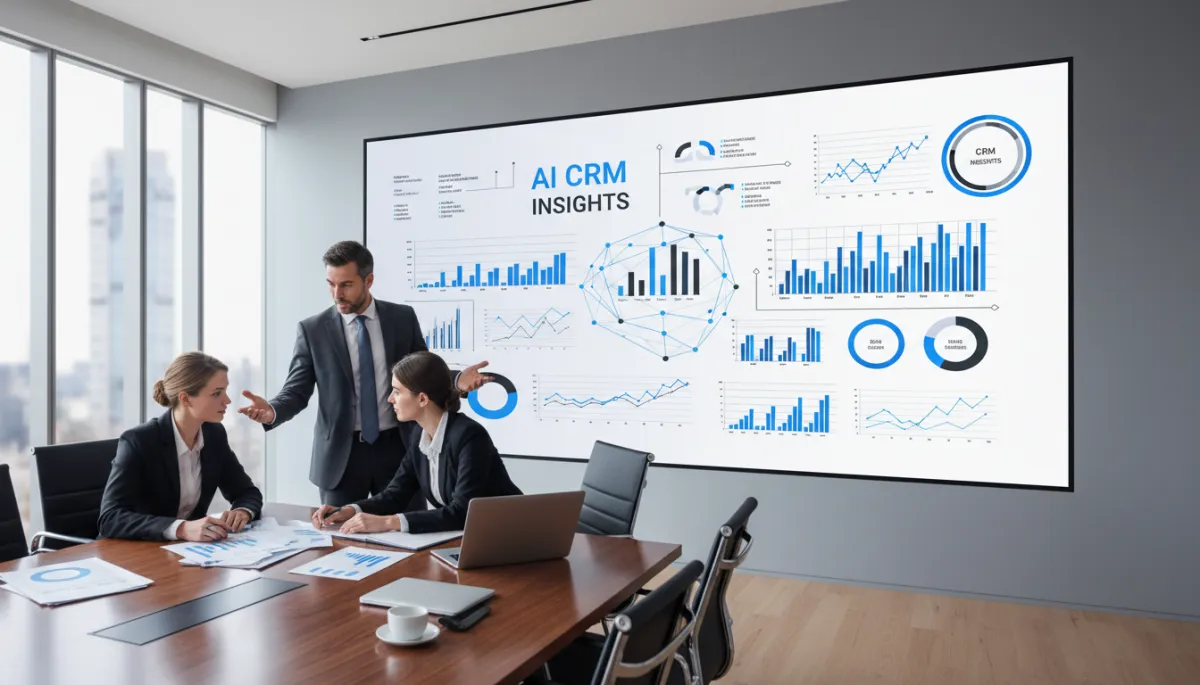 Business leaders reviewing AI CRM analytics and lead scoring reports in a boardroom