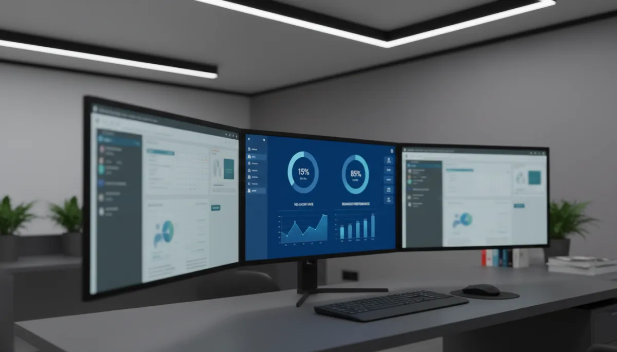 Integrated EHR and AI CRM dashboards displaying clinic performance analytics