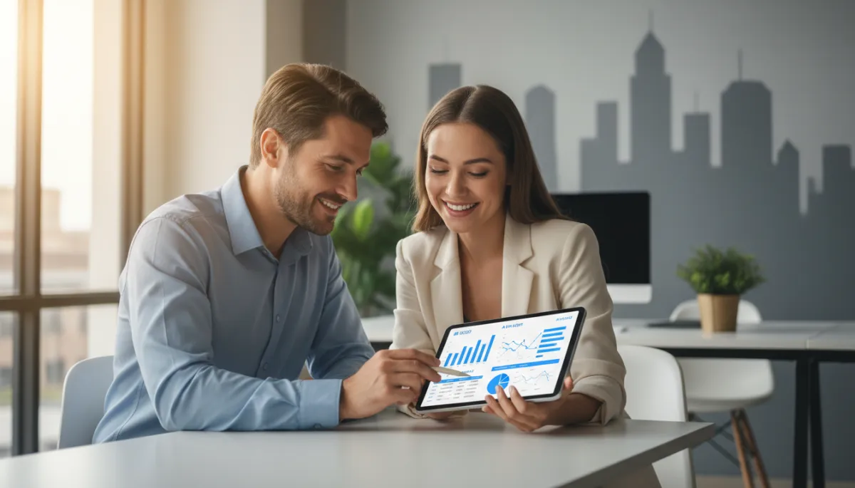 Business owner and marketing manager reviewing successful AI SEO audit report