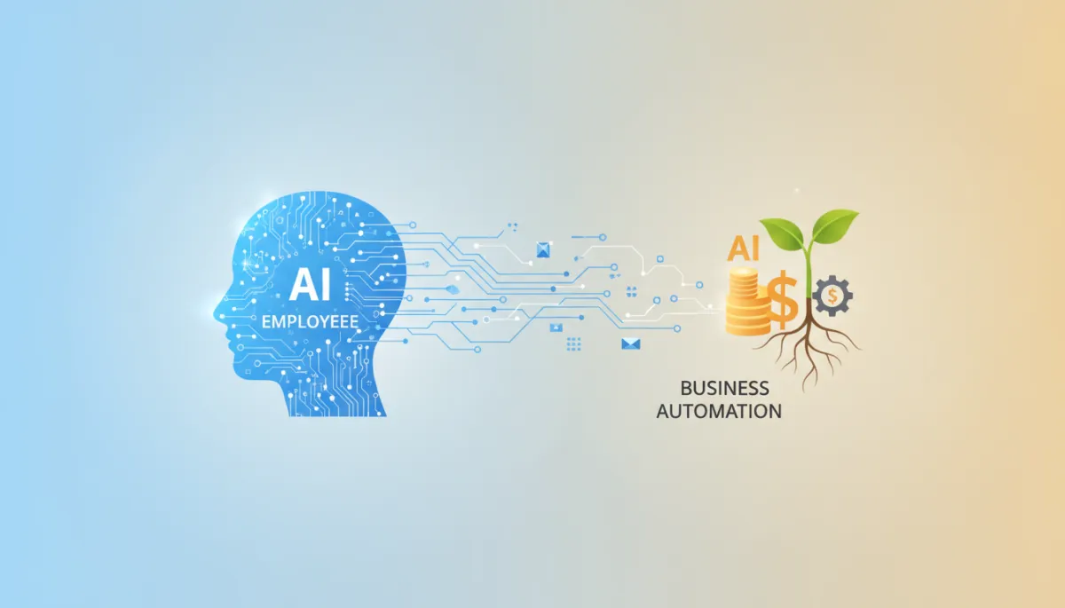 Small business owner using laptop with AI interface overlay