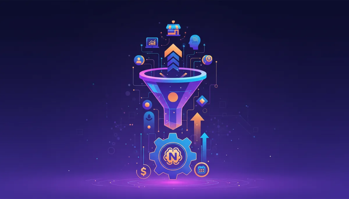 Diverse team viewing sales funnel dashboard with AI icons