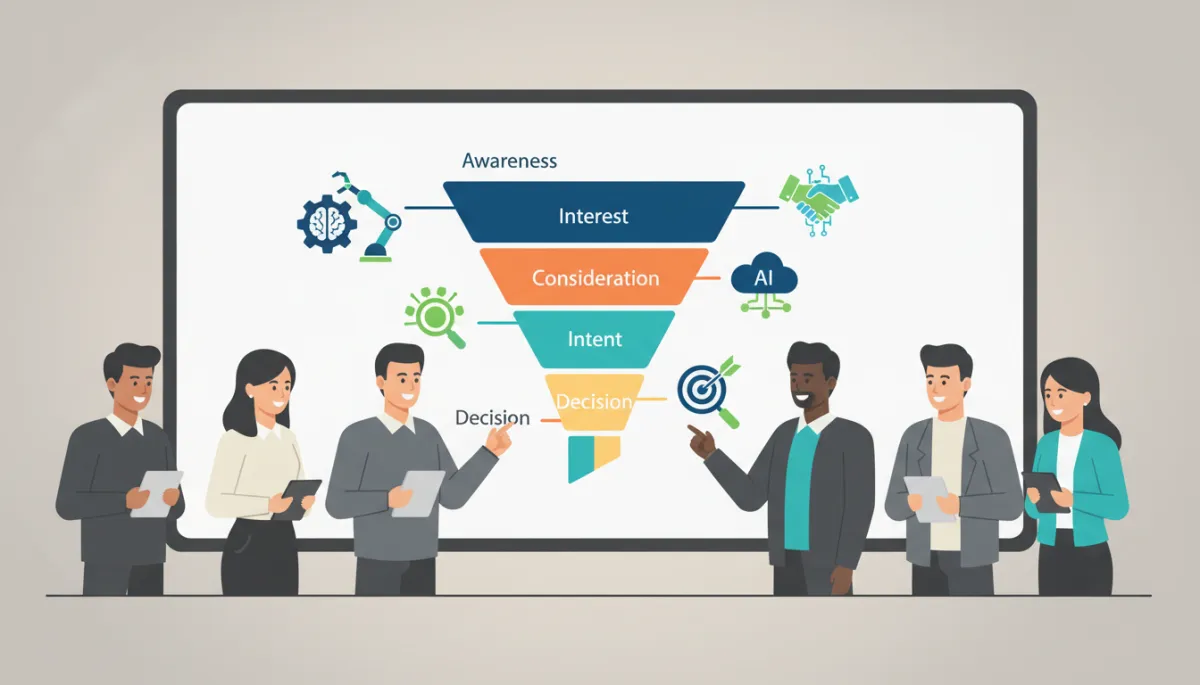 professional neutral-toned office scene showing a diverse sales and marketing team gathered around a large screen with a clear sales funnel diagram and AI automation icons layered over each stage