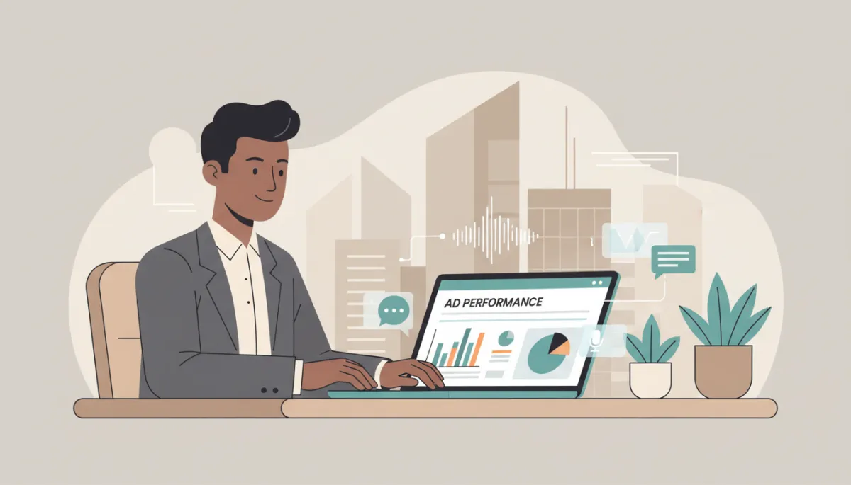 professional neutral-toned office scene showing a founder reviewing ad performance dashboards on a laptop while AI-driven voice and chat interfaces appear as subtle overlays around the screen, modern business environment, professional style professional neutral-toned office scene showing a founder reviewing ad performance dashboards on a laptop while AI-driven voice and chat interfaces appear as subtle overlays around the screen, modern business environment, professional style