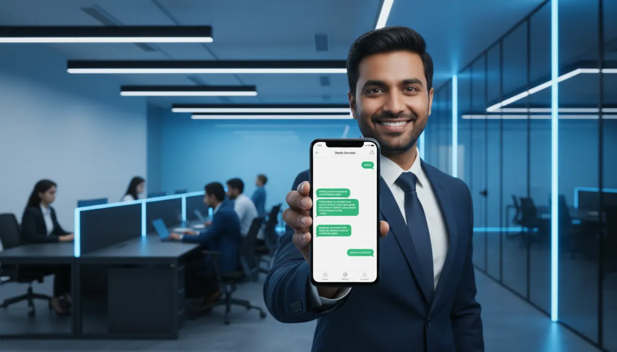 photorealistic Indian business professional in a modern glass-partitioned office, confidently using a smartphone that clearly shows a WhatsApp Business chat interface with green message bubbles; background features a sleek Indian office environment with Vivid Blue #1840ff accent lighting, Soft White #fefdf8 walls, and Charcoal Black #333333 furniture; overall professional, forward-looking mood