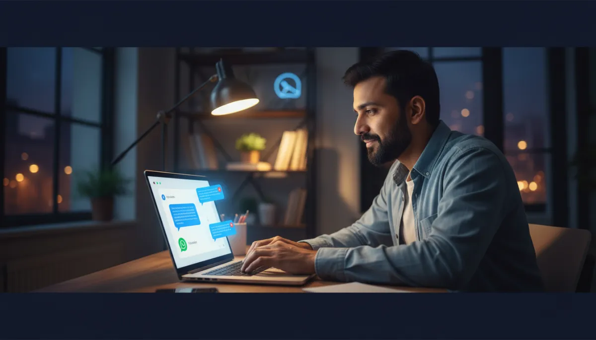 photorealistic scene of an Indian small business owner checking a laptop at night, WhatsApp and website chat windows showing automated AI replies in vivid blue #1840ff on a soft white #fefdf8 interface, subtle charcoal black #333333 accents, modern but relatable office setting