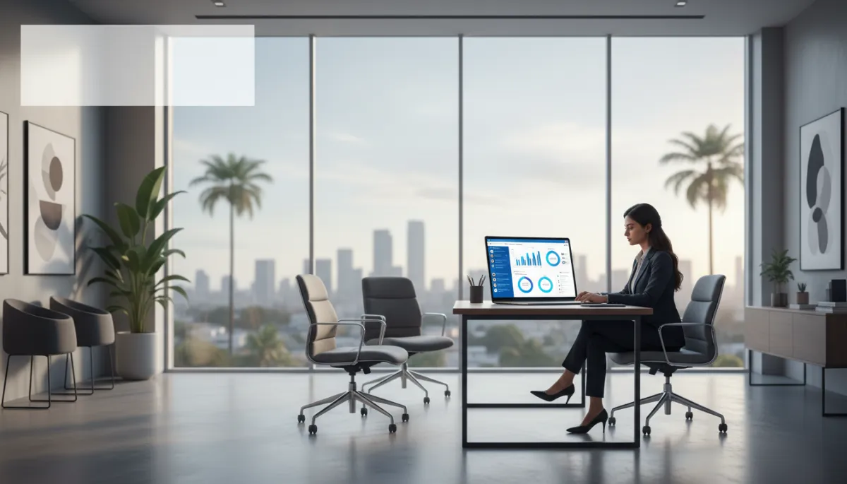 photorealistic Indian real estate sales office with large glass windows, agent looking at a laptop showing a colourful CRM dashboard, WhatsApp chats and pipeline stages visible, brand colors Vivid Blue #1840ff, Soft White #fefdf8, Charcoal Black #333333, subtle overlay text area for title and subtitle