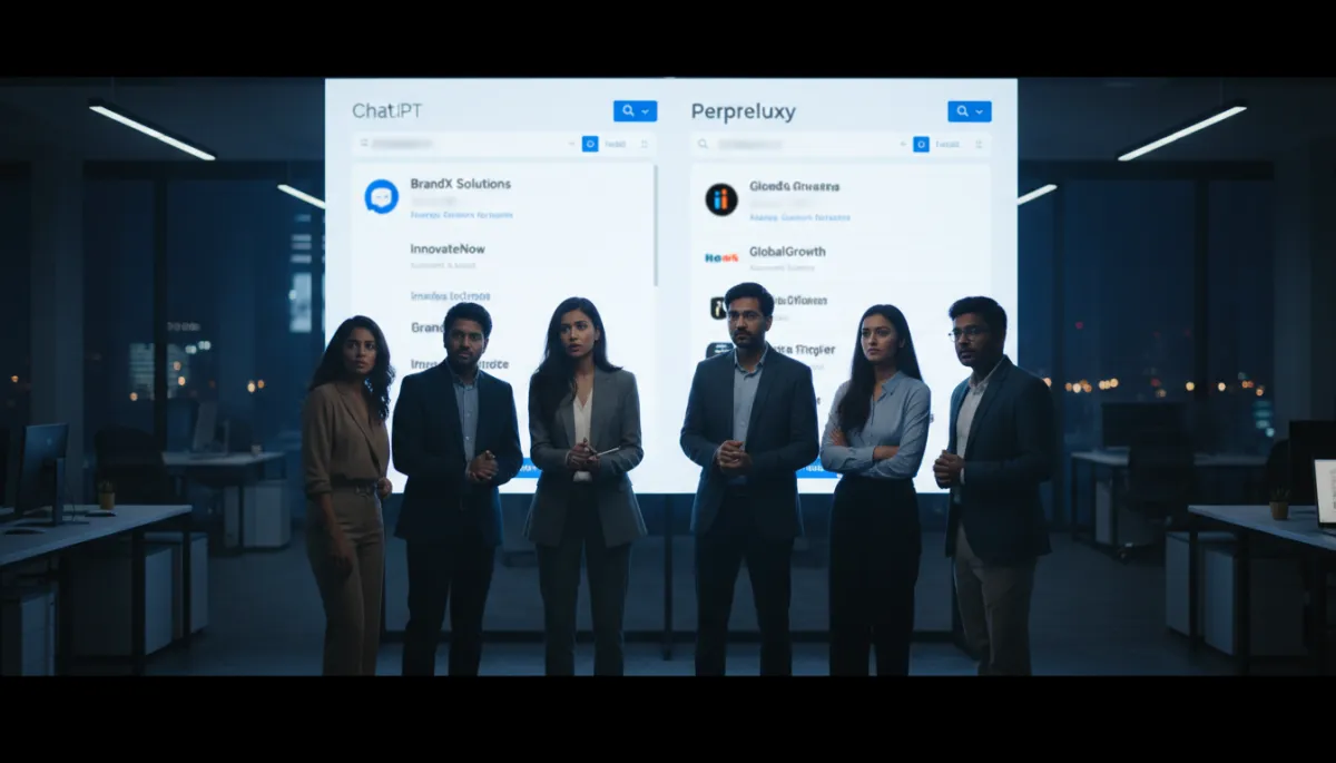 photorealistic Indian marketing team in a modern office at night, staring at a large wall screen showing AI search results from ChatGPT and Perplexity where competitor brands appear but their own logo is missing, screen UI accents in vivid blue #1840ff on a soft white #fefdf8 background with charcoal black #333333 text